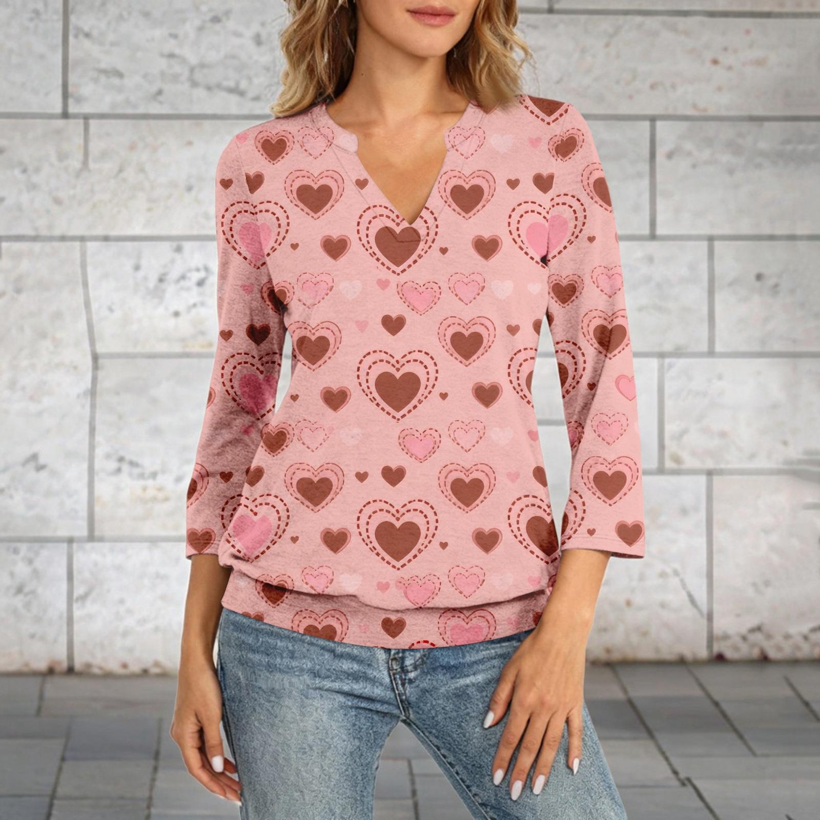 

Women s 3/4 Sleeve Top With Gathered Hem, V-neck, Summer Casual -shirt, Valentine s Day Printed Top XL