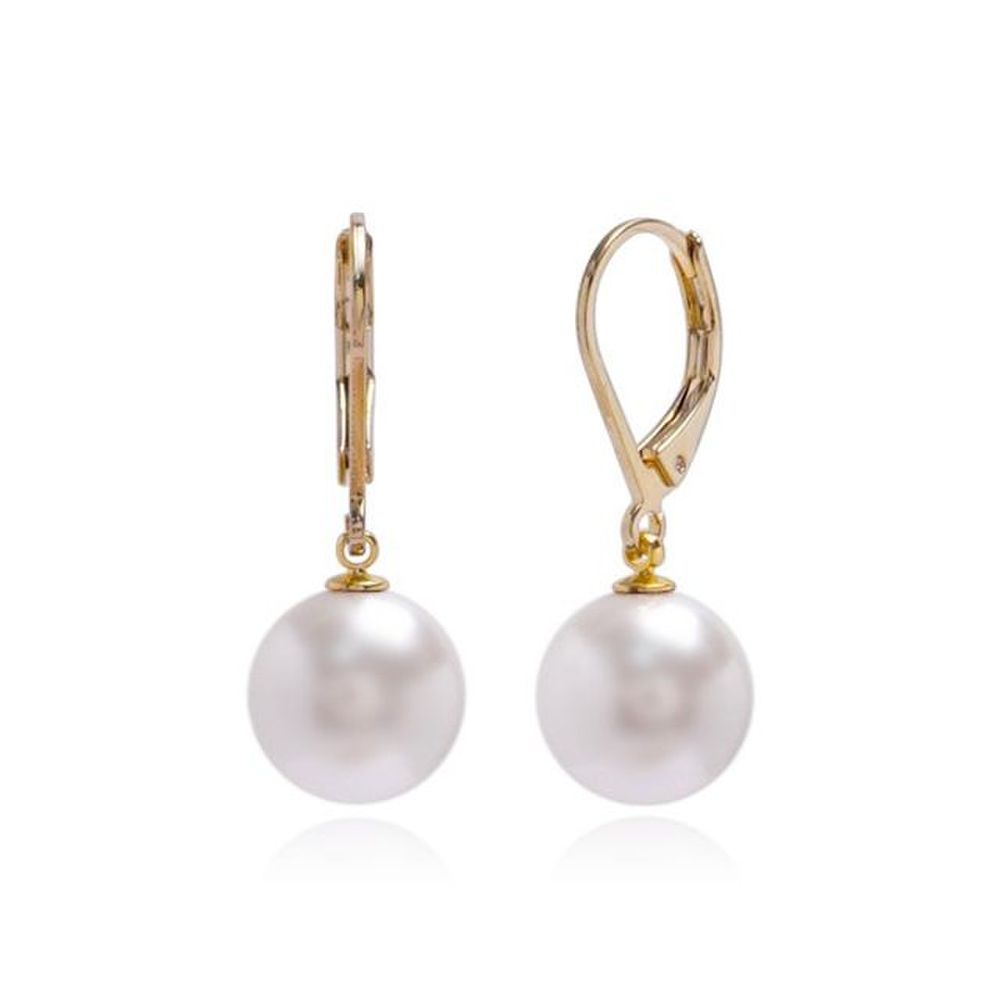 E462 10mm White Pearl Austrian Gold Leverback Earrings