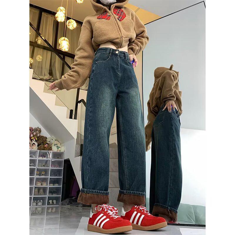 Women's Plush High-Waisted Wide-Leg Jeans, Warm for Autumn/Winter 2023