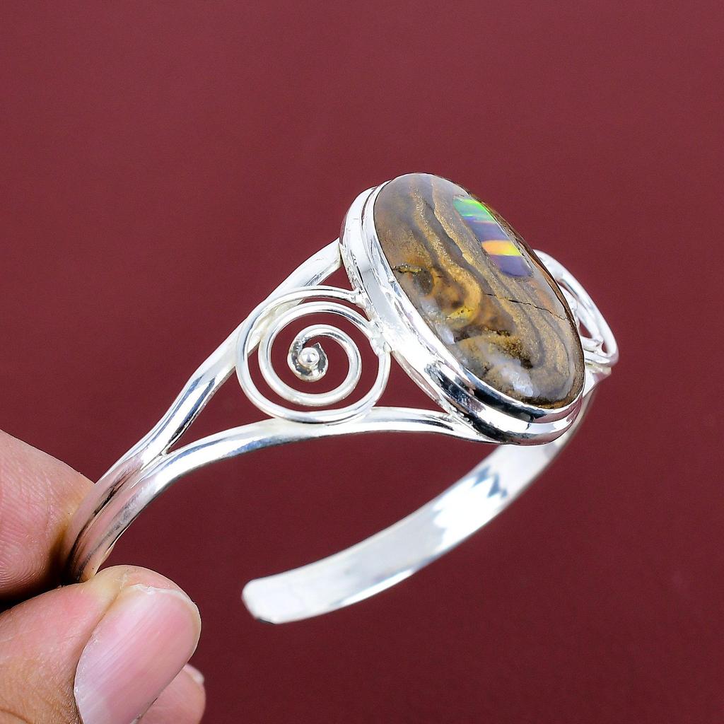 Ethopian Opal In Boulder Opal Bangle Gemstone Jewelry 925 Sterling Silver Cuff Bracelet Adjustable Bangle Handmade Bracelet Gifts for Mother