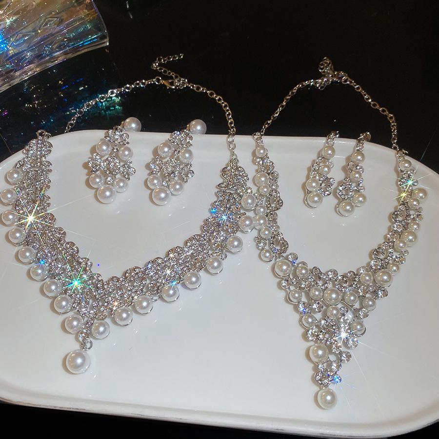 Elegant Rhinestone Faux Pearl Geometric Earrings & Necklace Set