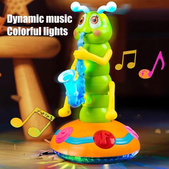 Electric Dancing Caterpillar Toy with LED Light Music Toddlers Swinging Saxophone Caterpillar Toy Boys Girls Tummy Time Interactive Crawling Toy