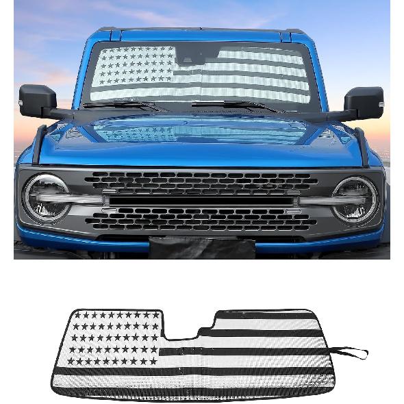 Hoolcar Windshield Sunshade Fit for Ford Bronco Accessories 2021 2022 2023 2024 2025 2026 Sun Shade Heat Shield Sun Visor for Bronco, US Flag