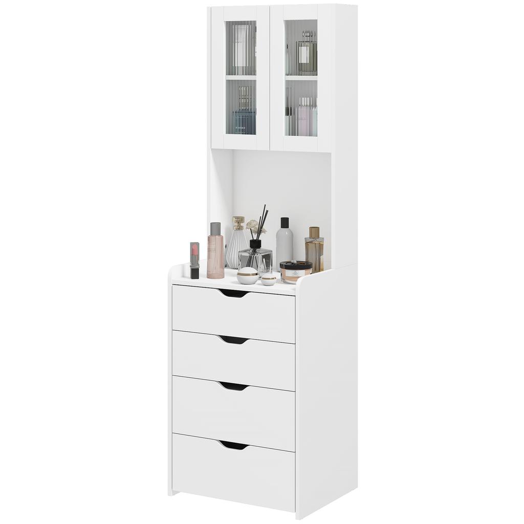 3 - Color LED Lighted Makeup Vanity with Foldable Mirror, Padded Stool, 3 Drawers and Shelves, White