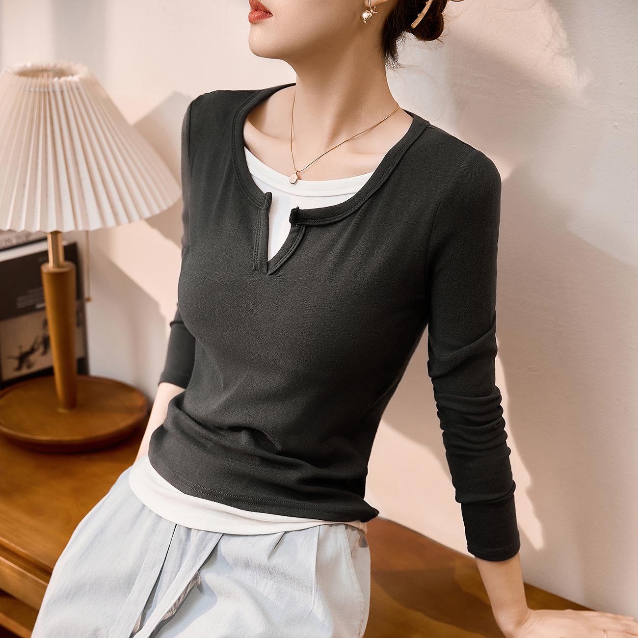 

Женская весенняя 2025 года футболка с длинным рукавом из мягкого модала и хлопка, с цветными блоками и многослойным дизайном Large