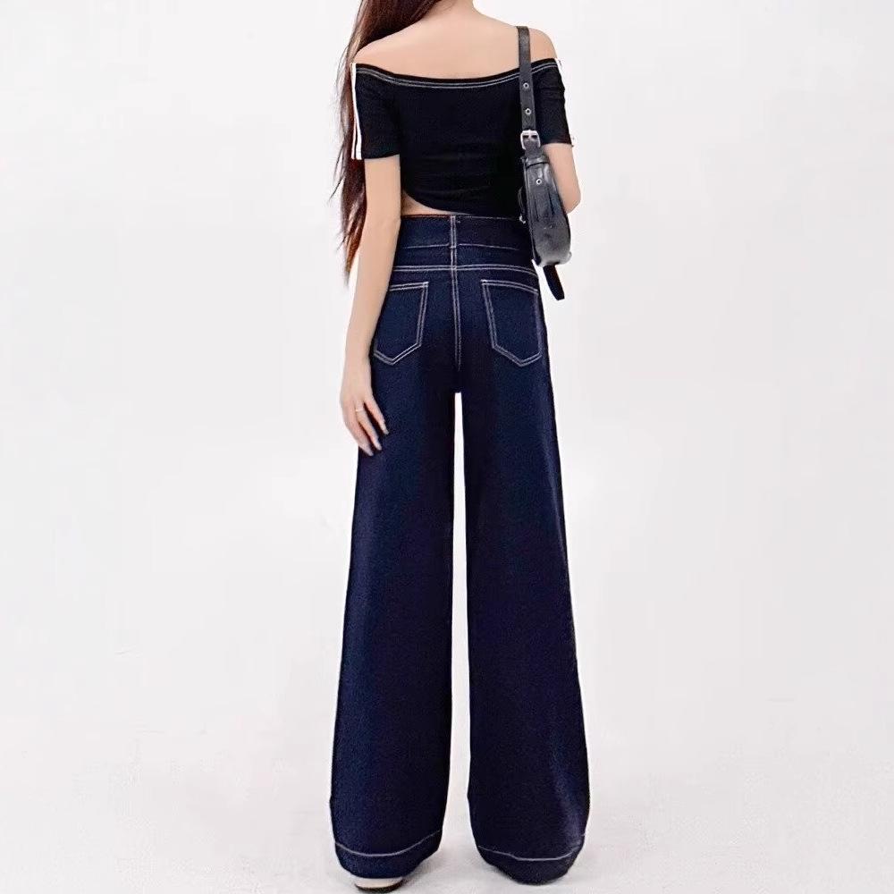 Hong Kong Style Women's Wide-Leg Draping Jeans - 2025 Spring/Autumn Collection: Loose, High-Waisted, Slimming Casual Pants