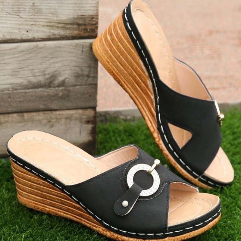 

Женские тапочки Новые шлепанцы со стразами Женские босоножки Летние туфли-лодочки Ретро танкетка Платформа Повседневные женские туфли на высоком каблуке 36 чёрный