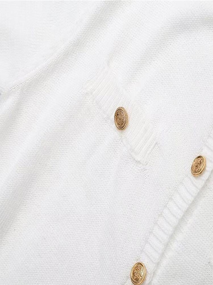 Pletené jednořadé letní falešné kapsy s výstřihem do O-kroju, krátké rukávy, áčkové bílé kancelářské minišaty