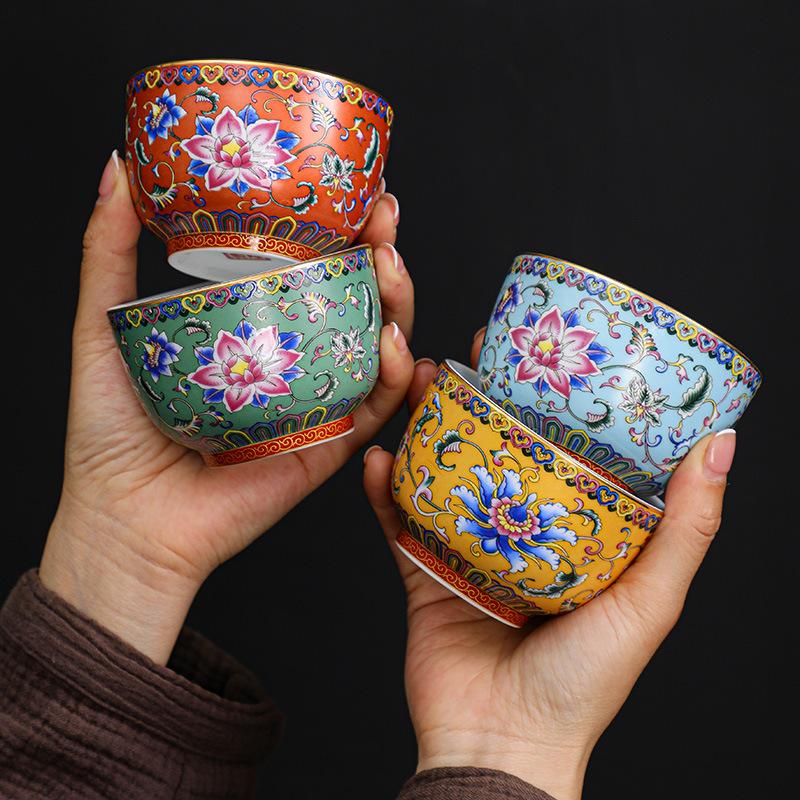 Handmade Enameled Master's Cup Cloisonné with Ten Thousand Flowers Pattern Jian Zhan Style Ceramic Tea Cup