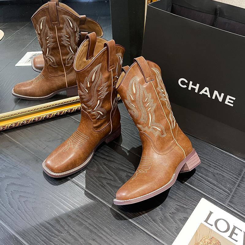 Square head mid-tube western cowboy boots versatile rough heel summer Martin boots retro embroidered knight boots women