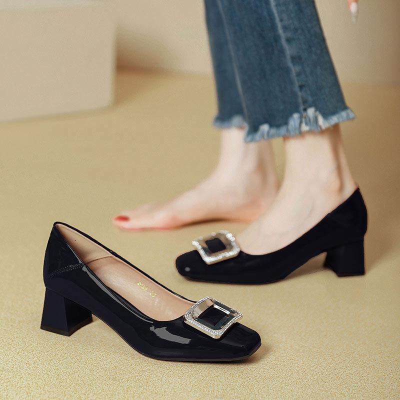 Not tired feet high heels thick heels wedding shoes new women's shoes burgundy square head light mouth single shoes