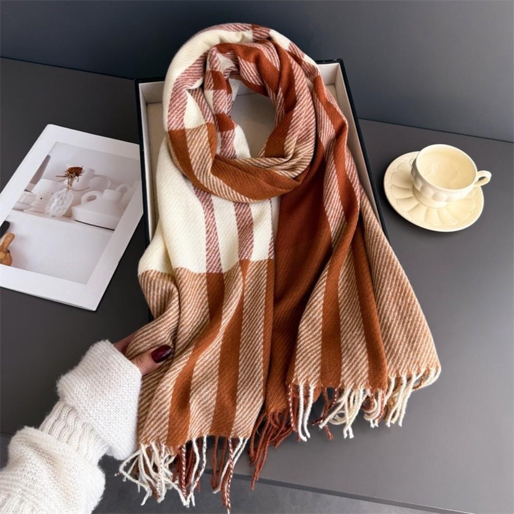 Imitation Wool Texture Checkered Scarf Tassel Wool Texture Scarf Fashionable Warm Scarf  Couples
