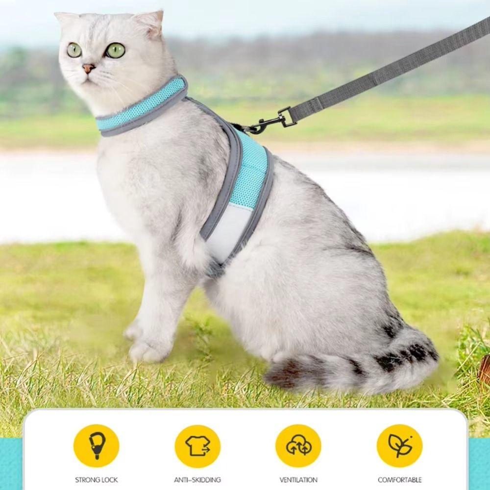 Reflective Cat Escape Proof Collar Strap Polyester Cat Chest Strap Pet Harness Leash Set  Running