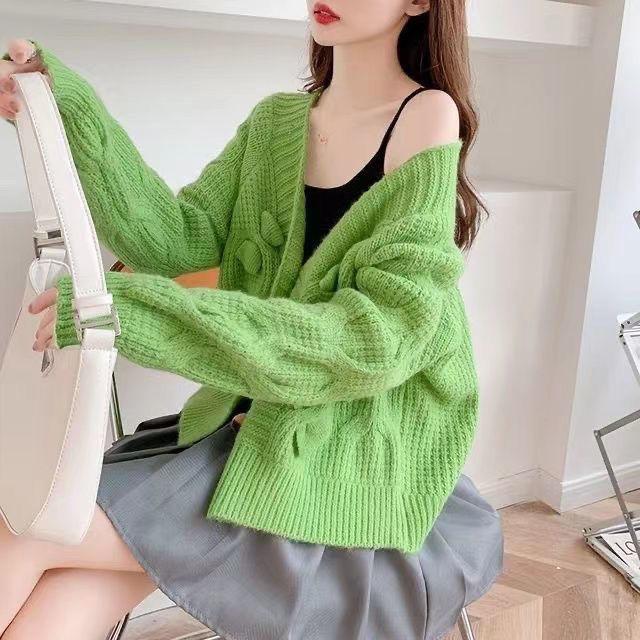 Pullover Damen Herbst und Winter Oberbekleidung Retro Japanischer Lazy Style V-Ausschnitt Schleife Locker gestrickte Strickjacke