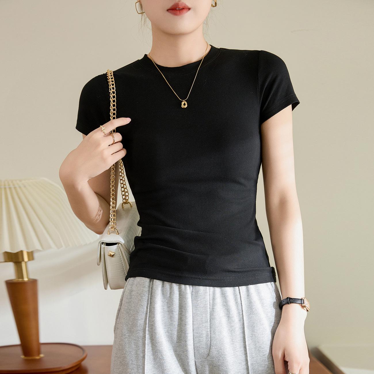 

High-Quality Women s Summer 2026 Slim-Fit Elastic Cotton T-Shirt, Short-Sleeve, Versatile Round Neck Top XXL чорний