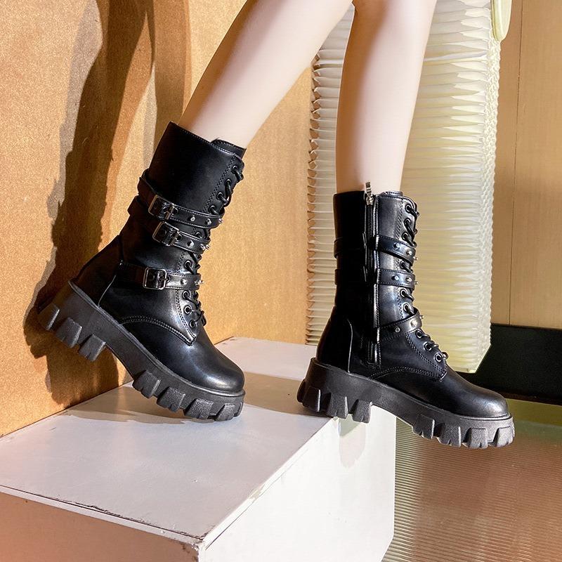 Women'S Mid Calf Boots Fashion Punk Platform Boots Trendy Street Motorcycle Boots For Women Belt Buckle Knight Boot Botas Mujer