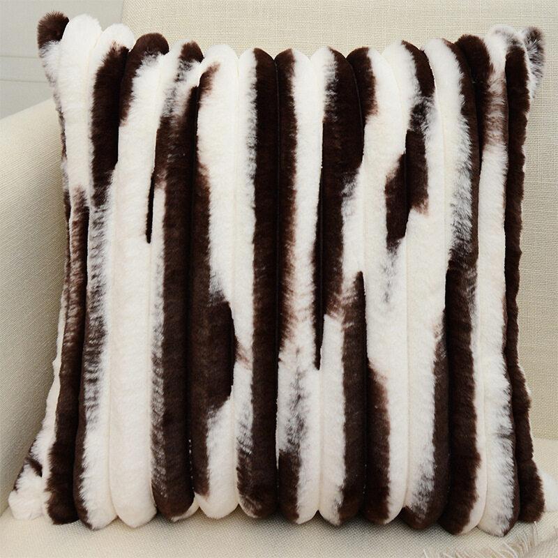 1pc Double-Sided Faux Fur Plush Cushion Cover for Sofa Fuzzy Striped Soft Throw Decorative Pillow Covers for Couch or Bedroom