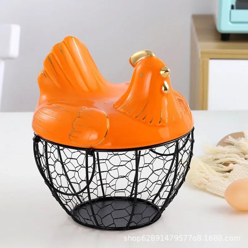 Cute Hen-shaped Egg Storage Basket Metal Wrought Iron Egg Basket with Lid Kitchen Food Debris Storage Container Home Decoration