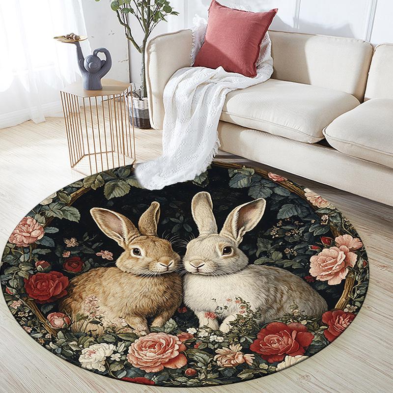 Rabbits Round Area Rug,Carpet Rug for Living Room Bedroom Sofa Playroom Decor,Non-slip Floor Mat