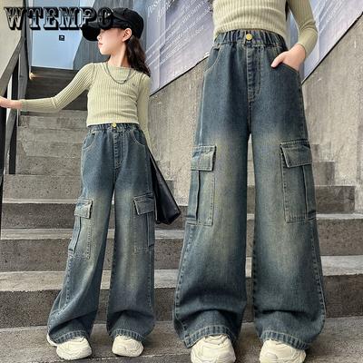 Pantalones de Niña Primavera y Otoño Vaqueros Retro de Tela Vaquera Pantalones de Trabajo Pantalones de Pierna Recta para Niña Pantalones de Pierna Ancha
