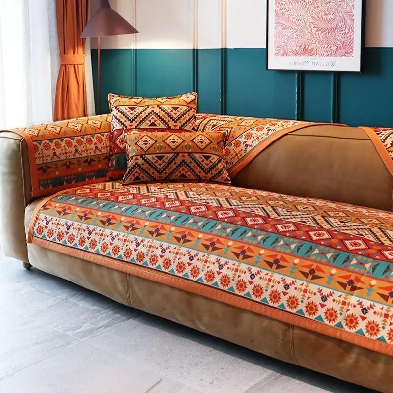 Böhmisches Chenille Sofakissen Rückenlehnenhandtuch Orange Anti-Rutsch Sitzbankbezug Geometrisches Muster Universal