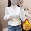 Women's Fleece-Lined Semi-High Neck Knit Sweater - Slim Fit, Solid Color, Perfect for Autumn/Winter.
