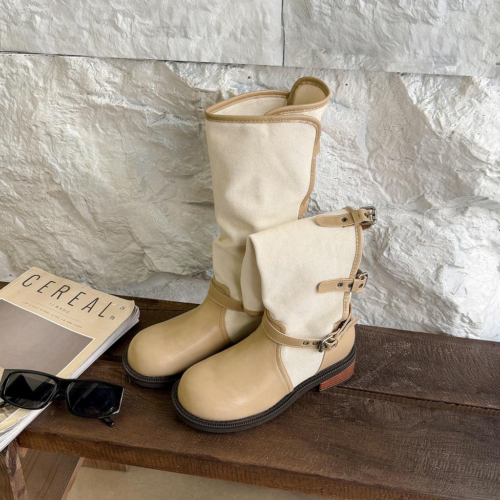 Fold the Low Heel Twice, Wear the Belt Buckle But the Knee Middle Tube, Women's Round Head Thick Heel Color Matching 2026 Winter New Knight Boots