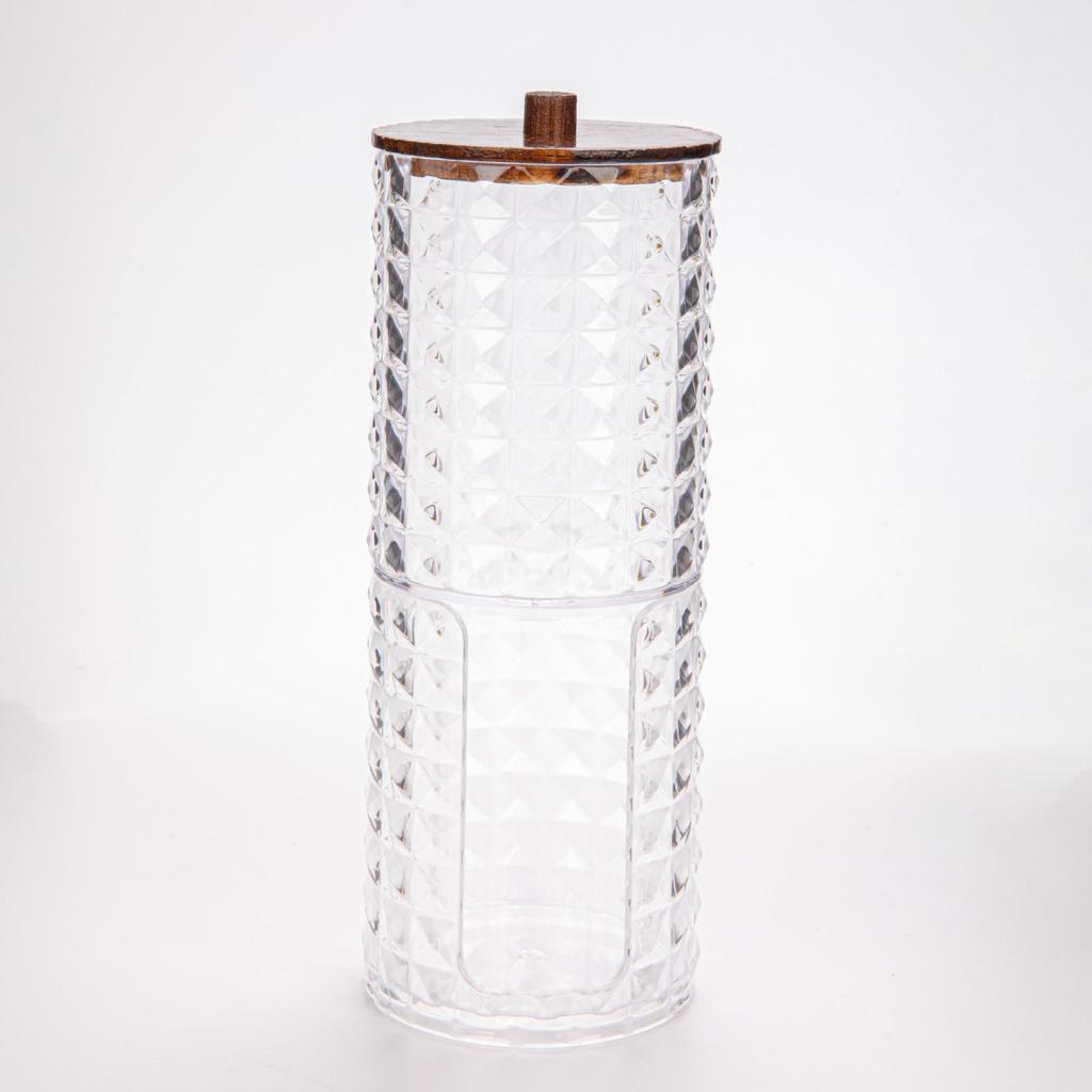 Suport transparent pentru bețișoare de bumbac cu model de diamant - capac din bambus, cutie rotundă portabilă pentru depozitarea cosmeticelor