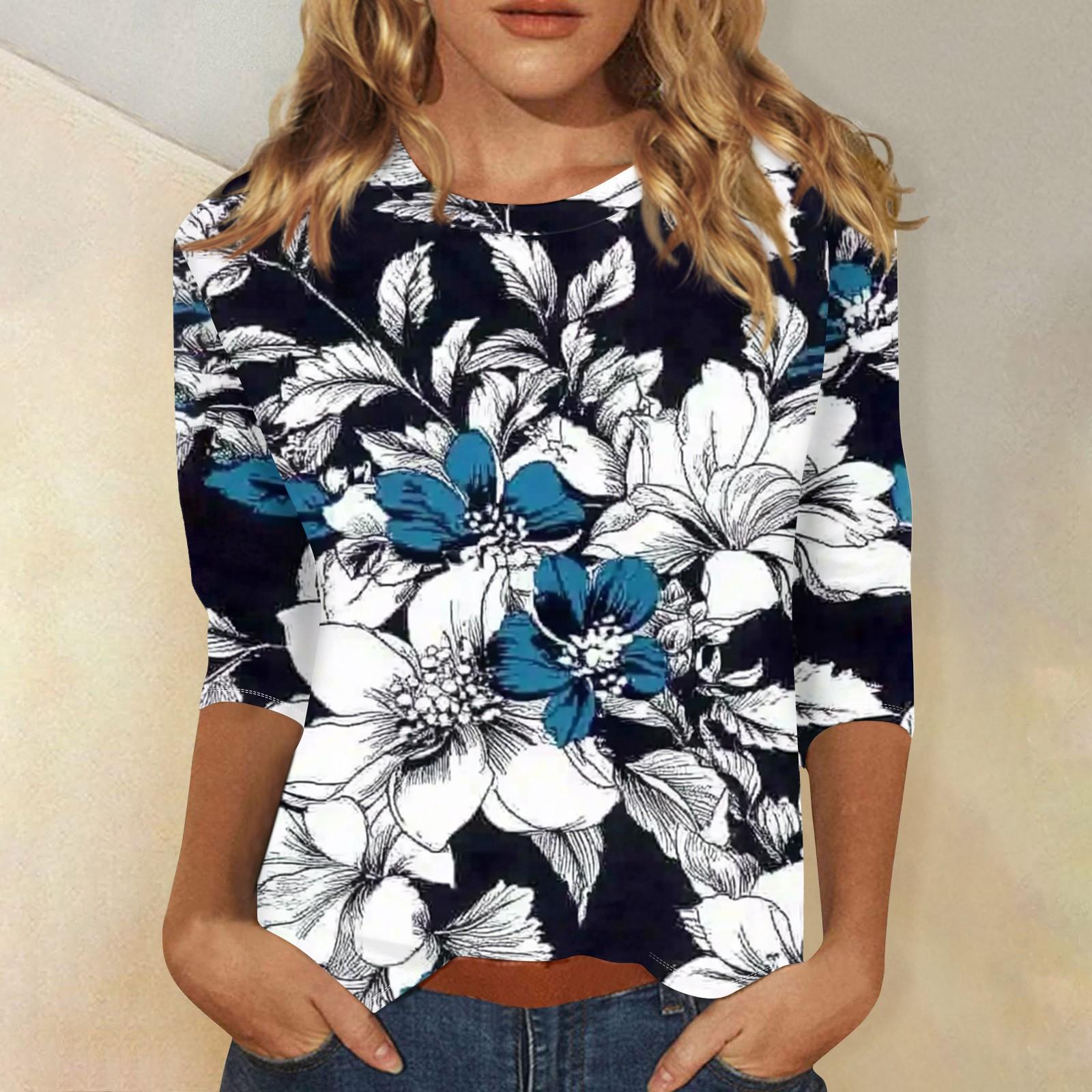 

Женская мода повседневный топ с рукавом три четверти с цветочным принтом и круглым вырезом M