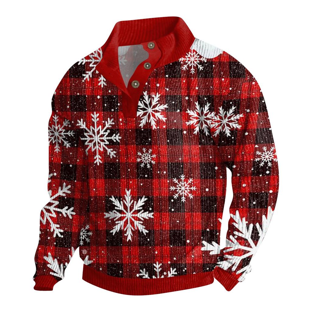 Men's Christmas Cotton Pullover Long Sleeve Outdoor Shirt Vintage Corduroy Button Stand Collar Shirt Casual Sweatshirt Christmas Print Top