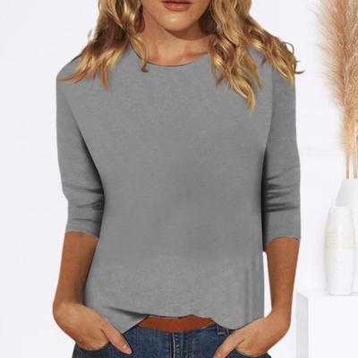 Maglietta casual da donna, girocollo, manica a 3/4, pullover, tinta unita, vestibilità attillata, maglietta elasticizzata, streetwear
