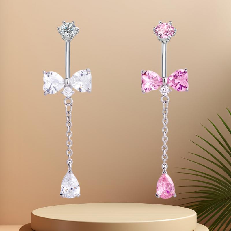 Sweet  Bowknot Heart Navel Ring For Women Girl Exquisite Shining Zircon Belly Button Ring Sexy Body Piercing Jewelry Gift