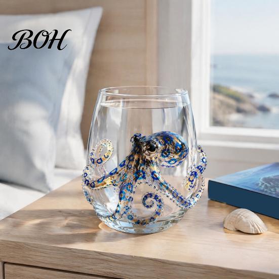 Εκλεπτυσμένο Παραθαλάσσιο Στυλ Ποτήρια 12oz Κούπα Νερού Χταπόδι, Ανάγλυφο Σχέδιο, Χειροποίητο Θαλάσσιο Δημιουργικό Ποτήρι με Καλαμάκι για Λάτρεις του Ωκεανού