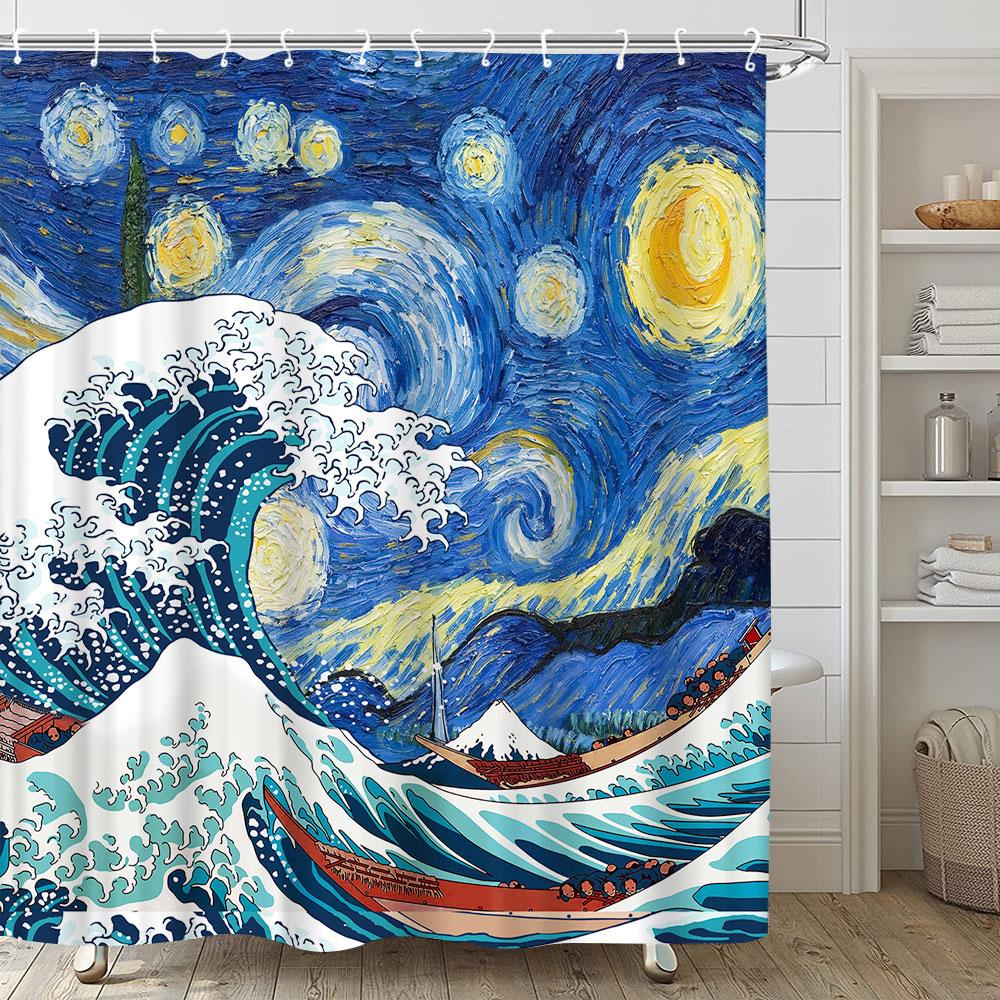 Japanese Style Series Ukiyoe Shower Curtain Ocean Waves Waterproof Curtains Polyester Printing Bathroom Decor Partition Screen