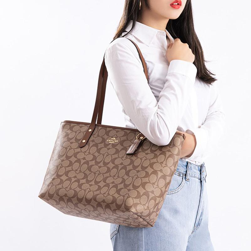 Coach City Zip Tote 30 Classic Monogram Tote Shopping Bag Women tote Khaki 58292-IME74