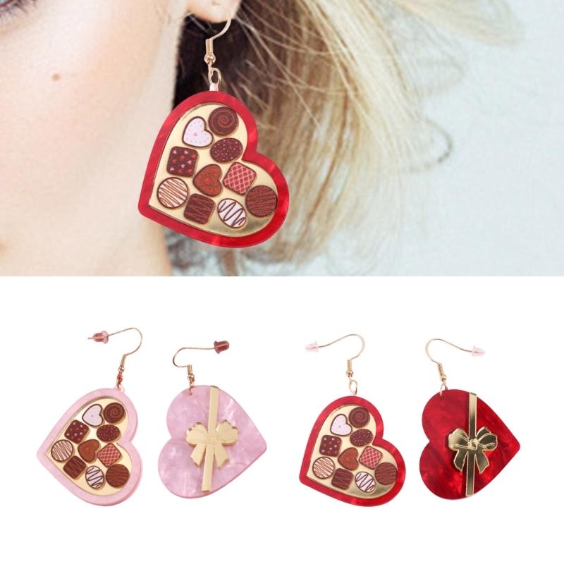 Acrylic Heart Shaped Drop Earrings Stylish Chocolate Gift Box with Bowknot Ear Rings for Birthdays Or Anniversaries