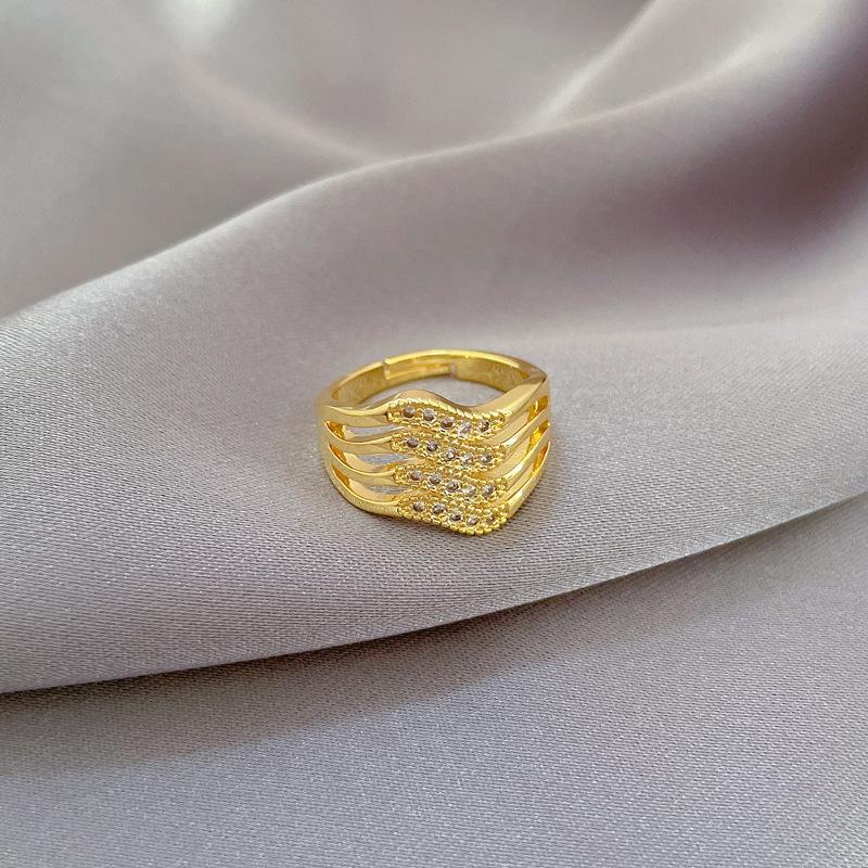 Real Gold Four-Layer Zircon Fashion Ring Opening Adjustable Simple Jewelry Japanese Ring Couple Ring
