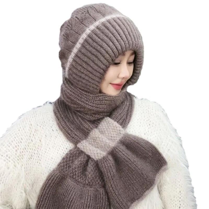 Winter New Plush Knitted Hat and Scarf with One Piece Warmth Windproof and Plush Neck Cover Cold Resistant Snow Hat