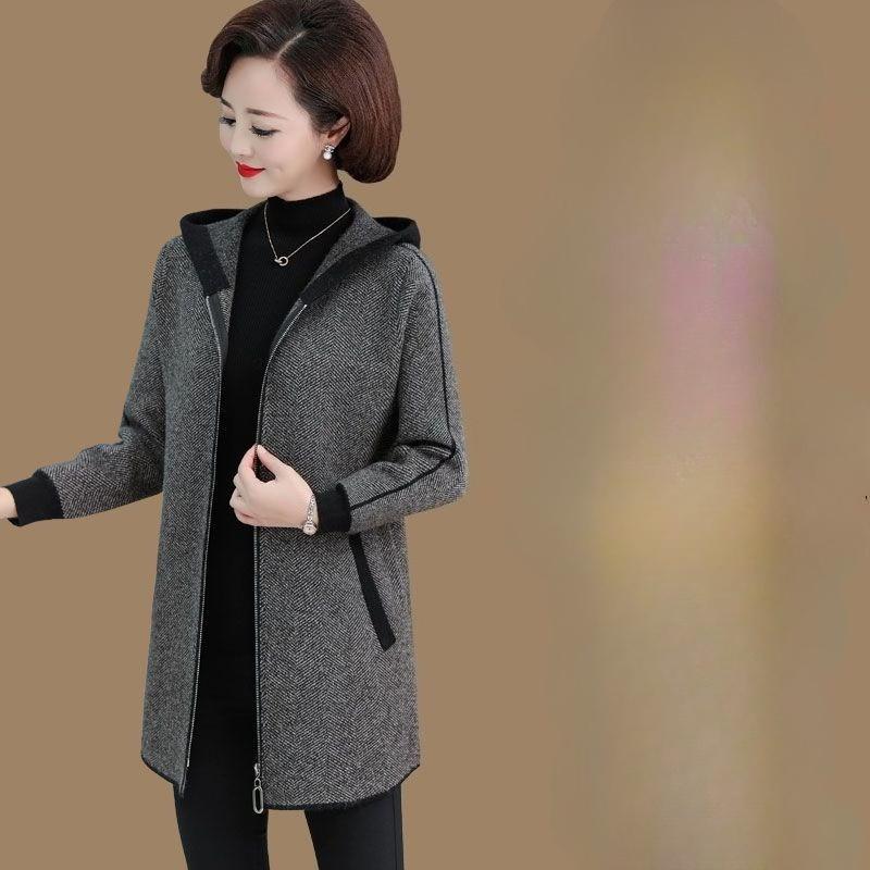 Middle Age Women Hooded Cardigan Spring Autumn Casual Coat Mom Long Sleeve Warm Wool Jacket Outerwear