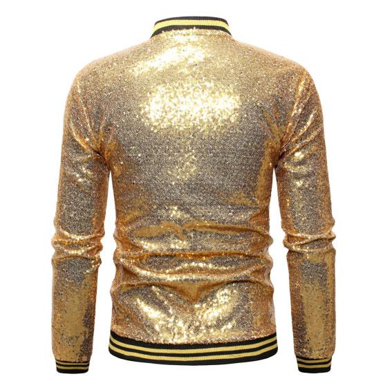 Men Sequin Jacket Stand Collar Shiny Long Sleeves Slim Fit Zipper Closure Cardigan Mid Length Stage Show Dance Performance Coat
