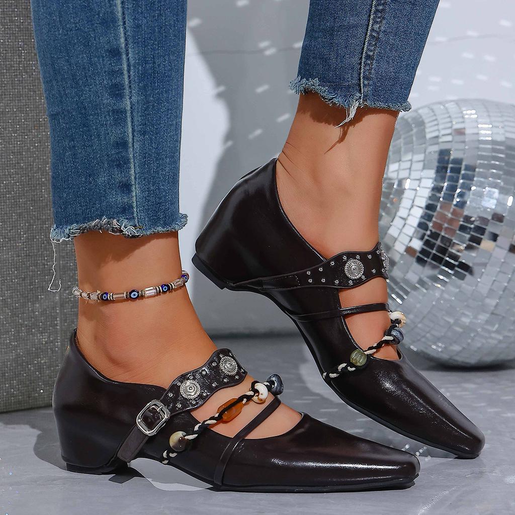 Vintage Metal Buckle Cross Strap Mary Jane Shoes Women  Spring Plastic Bead Medium Heel Loafers Woman's Bohemia Pumps Shoes