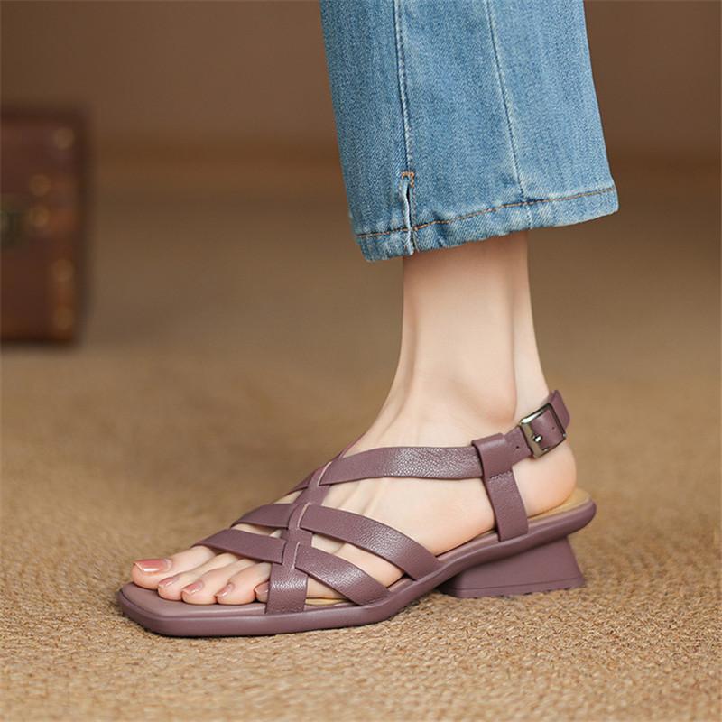 Fashion New Summer Sandals Genuine Leather Women Shoes Square Toe Sandals for Women Fashion Roman Sandals Shoes Chunky Heels Purple;