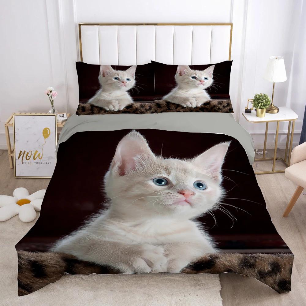Cat Duvet Cover Set Lovely Animal Kitten Printed Quilt Cover Kids Teens Girl Animal Double Queen King Size Polyester Bedding Set