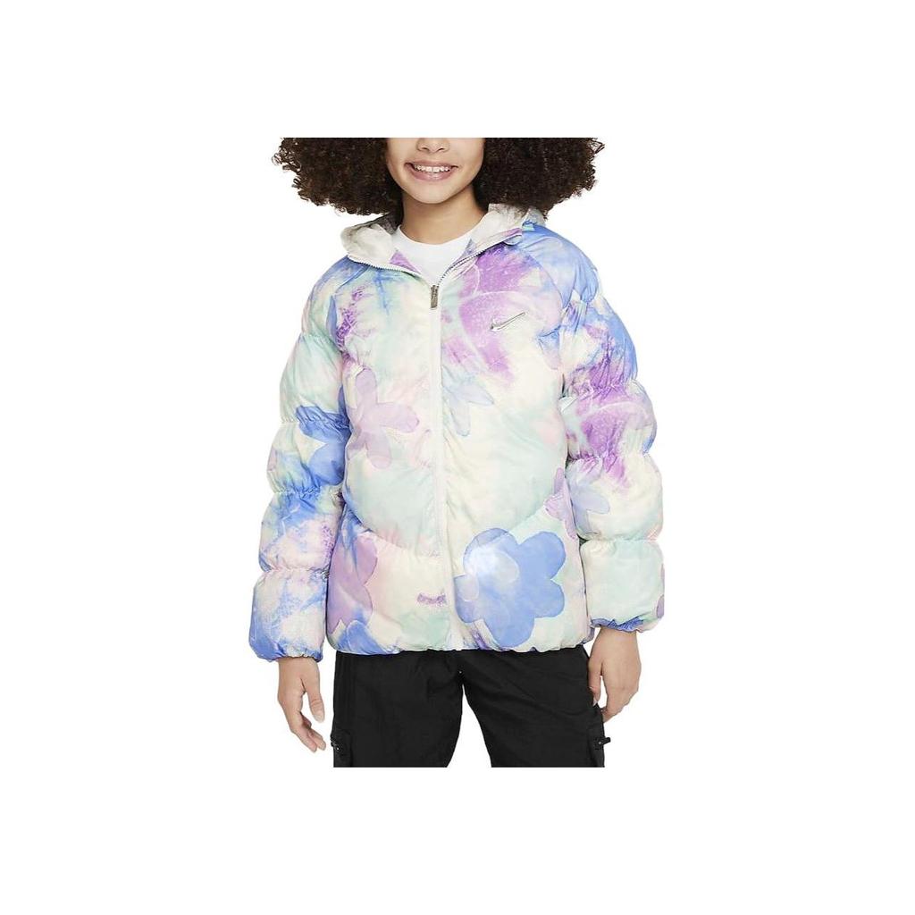 Nike Down Jacket Swoosh Chevron Print Hooded Zipper Casual Kids Jackets Multicolor FZ3436-901