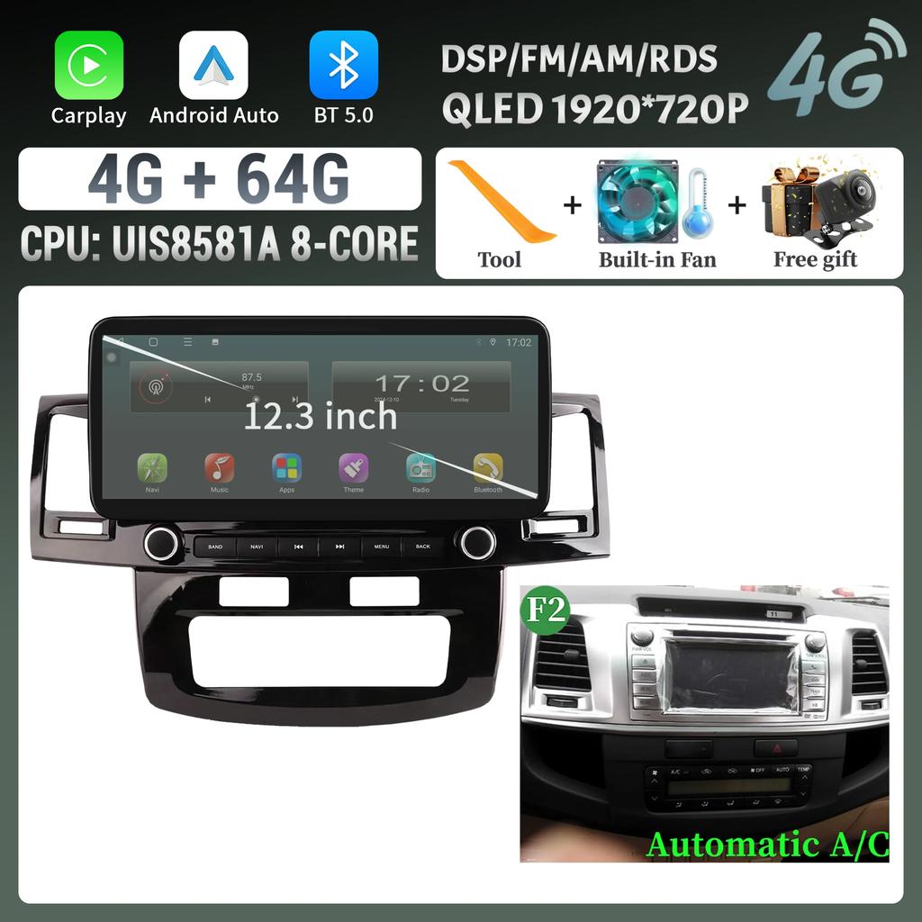 12.3″Car Radio Multimedia 4G GPS For Toyota Hilux 2005-2014 Android 14 Navigation Wireless Carplay Bluetooth Touch Screen
