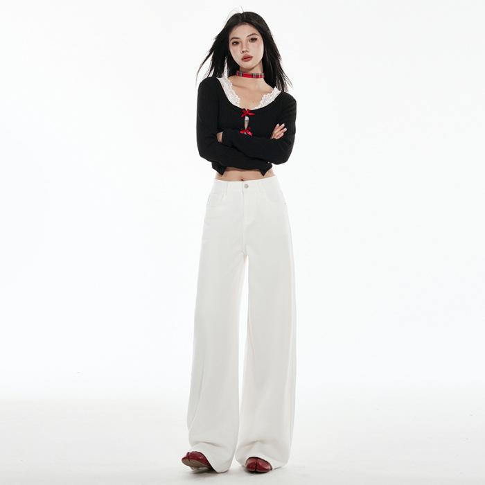 Women White High Waist Wide Leg Jeans Straight Loose Casual Denim Pants Two Length Design Spring Daily Commute Trousers 2026 New Style