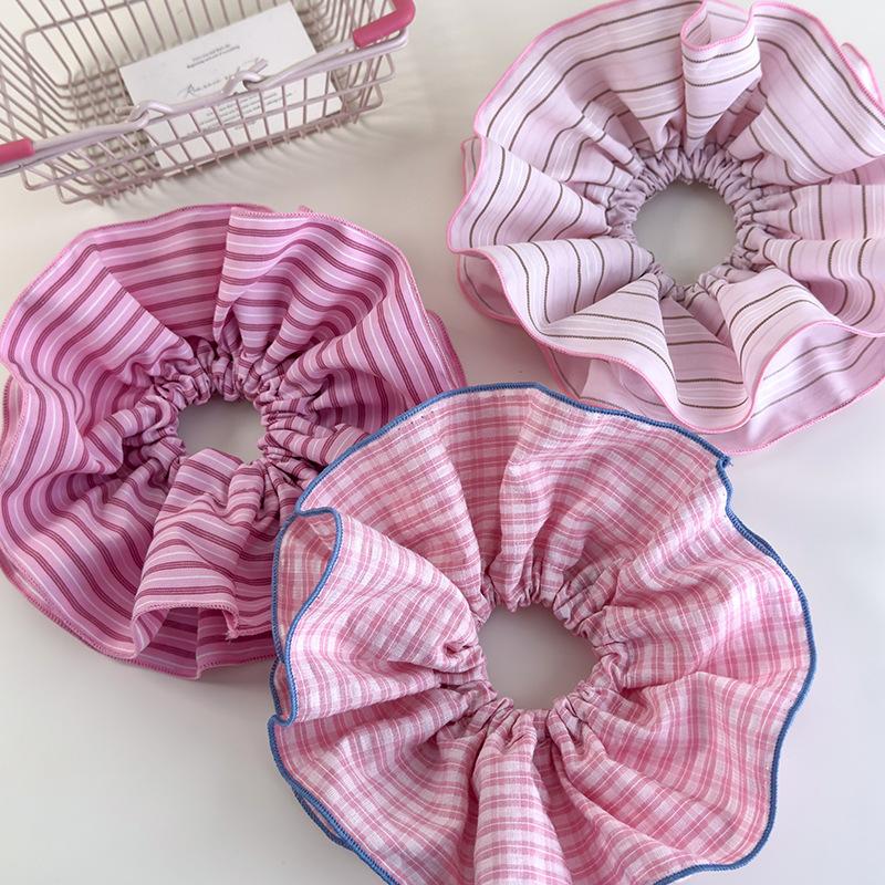 Pink Stripes Ruffles Hair Scrunchies Headbands for Women Girls Sweet Romance Hair Rope Tie Horsetail Rubber Band Headdress