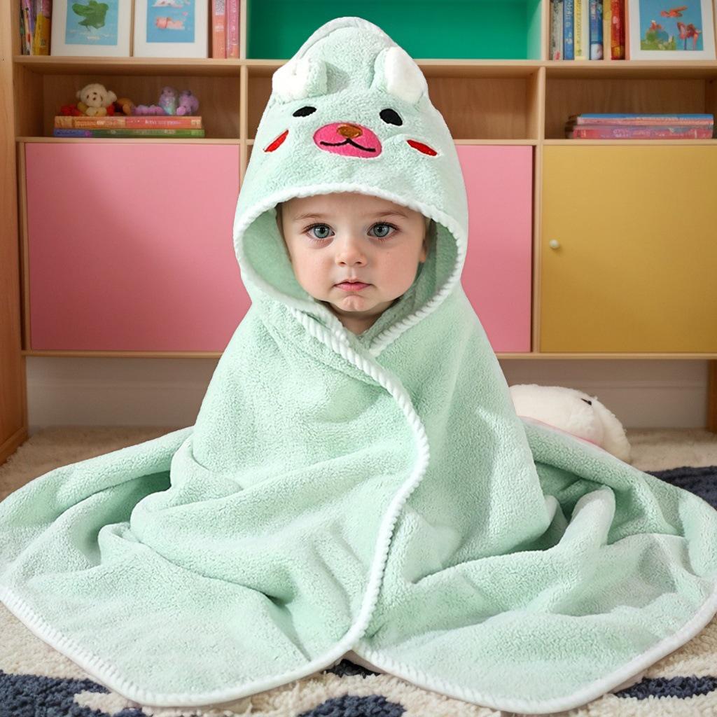 Cartoon Hooded Baby Swaddle & Bath Towel - Coral Fleece, Absorbent, Embroidered, Newborn To Toddler