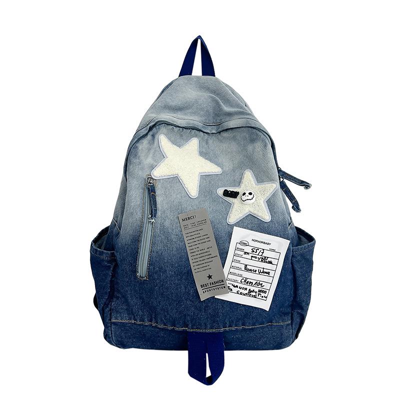

New Gradient Denim Star Backpack - Versatile Vintage Schoolbag for Junior High Students