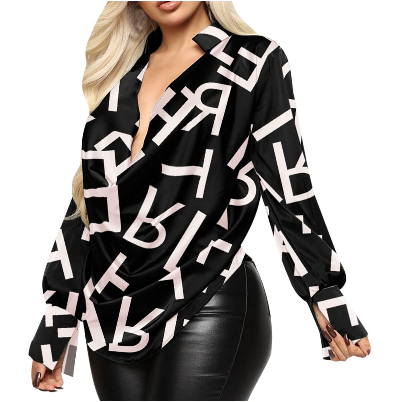 

Women s Fashion Casual Printed Deep V-Neck Long Sleeve Shirt Top Blouse XL білий